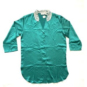 NOS Vintage Victorias Secret Night Shirt Green Satin Lace Collar Gold Label M/L